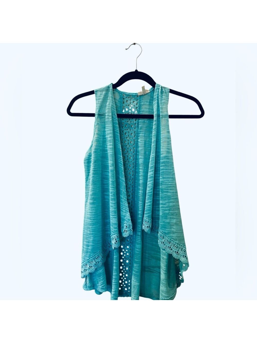 Self Esteem Teal Lace Back Open Front Vest Sheer Layering Cardigan Size: Medium